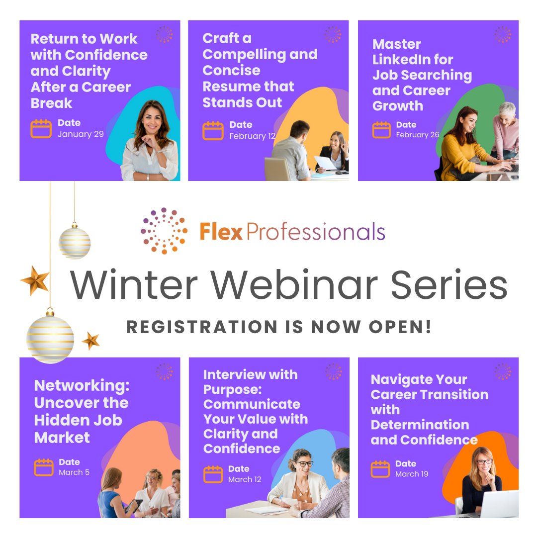 FlexProfessionals (@flexparttime) on Twitter photo New year, new job? Join our *FREE* Winter Webinar Series designed to provide the guidance you need to boost your career: ❄️ Return to work (1/29), ❄️ Perfect your resume (2/12), ❄️ Master LinkedIn (2/26), and more! Register today: flexprofessionalsllc.com/events-and-new… #CareerDevelopment New year, new job? Join our *FREE* Winter Webinar Series designed to provide the guidance you need to boost your career: ❄️ Return to work (1/29), ❄️ Perfect your resume (2/12), ❄️ Master LinkedIn (2/26), and more! Register today: flexprofessionalsllc.com/events-and-new… #CareerDevelopment