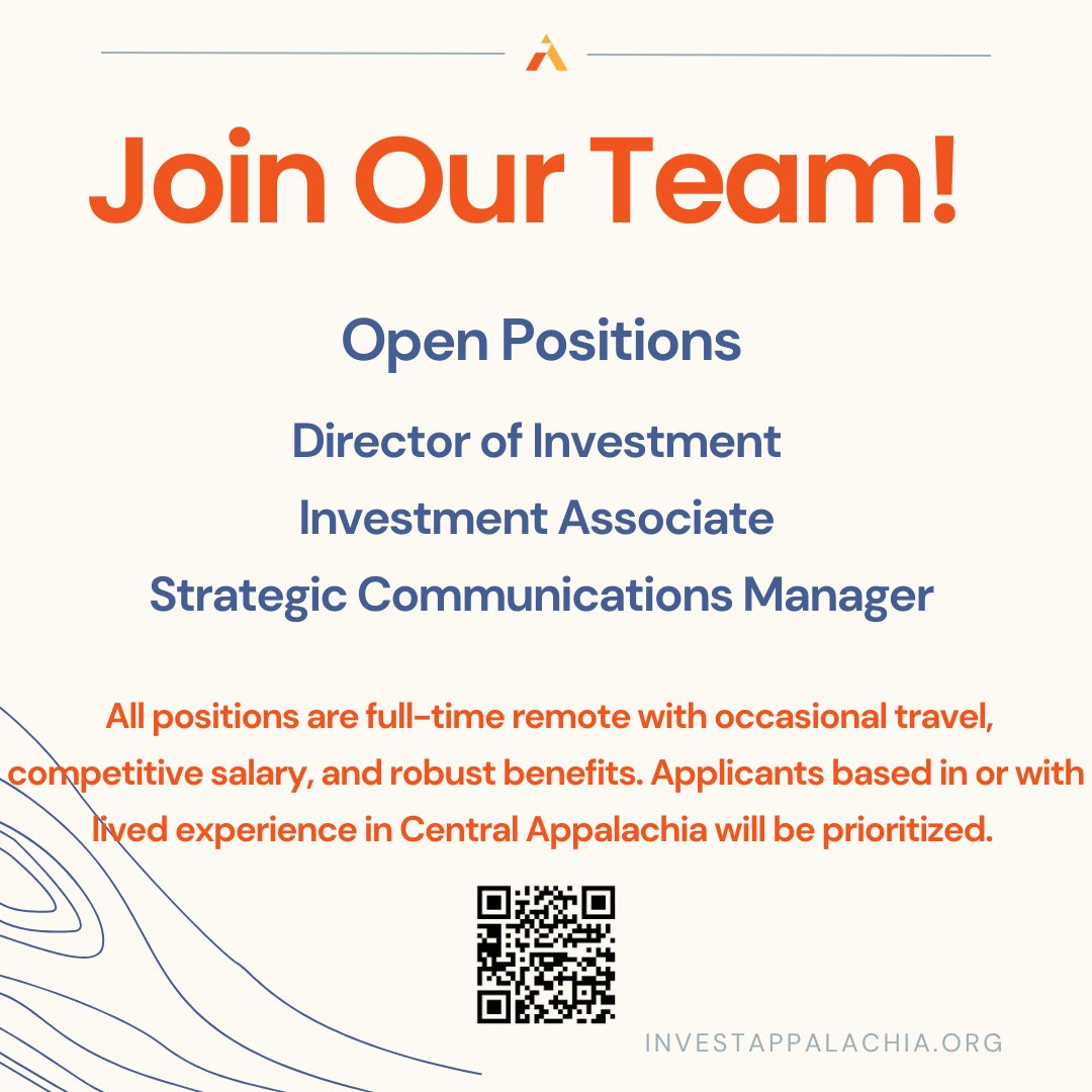 Invest Appalachia (IA) is growing our team! In 2025, we’re excited to transition several key roles from contracted positions to full-time team members, marking an important step in our growth. investappalachia.org/hiringinfo/

#impactinvesting #appalachia #squadgoals #socialfinance