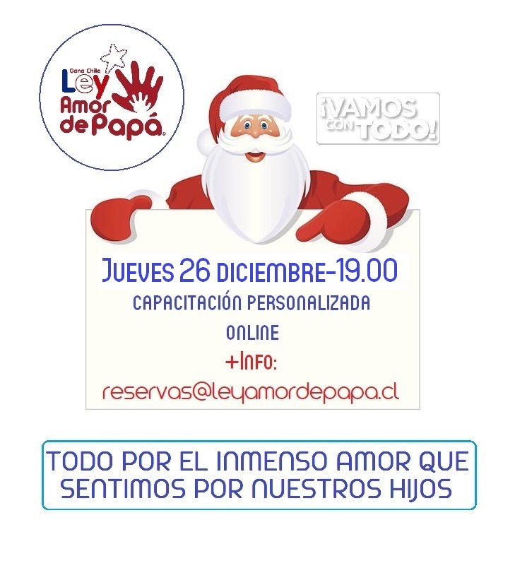 AmordePapa's tweet photo. Una INVITACIÓN MUY ESPECIAL en un tiempo AÚN MÁS ESPECIAL... ¿Ya hizo todo lo necesario para estar con quien MÁS QUIERE esta #Navidad #nochebuena ?

Le invitamos a ACCIONAR CORRECTA/ OPORTUNAMENTE con TODA la FUERZA de nuestra #LEYAMORDEPAPÁ 

INFÓRMESE  reservas@leyamordepapa.cl https://t.co/cHbTHGEmjw