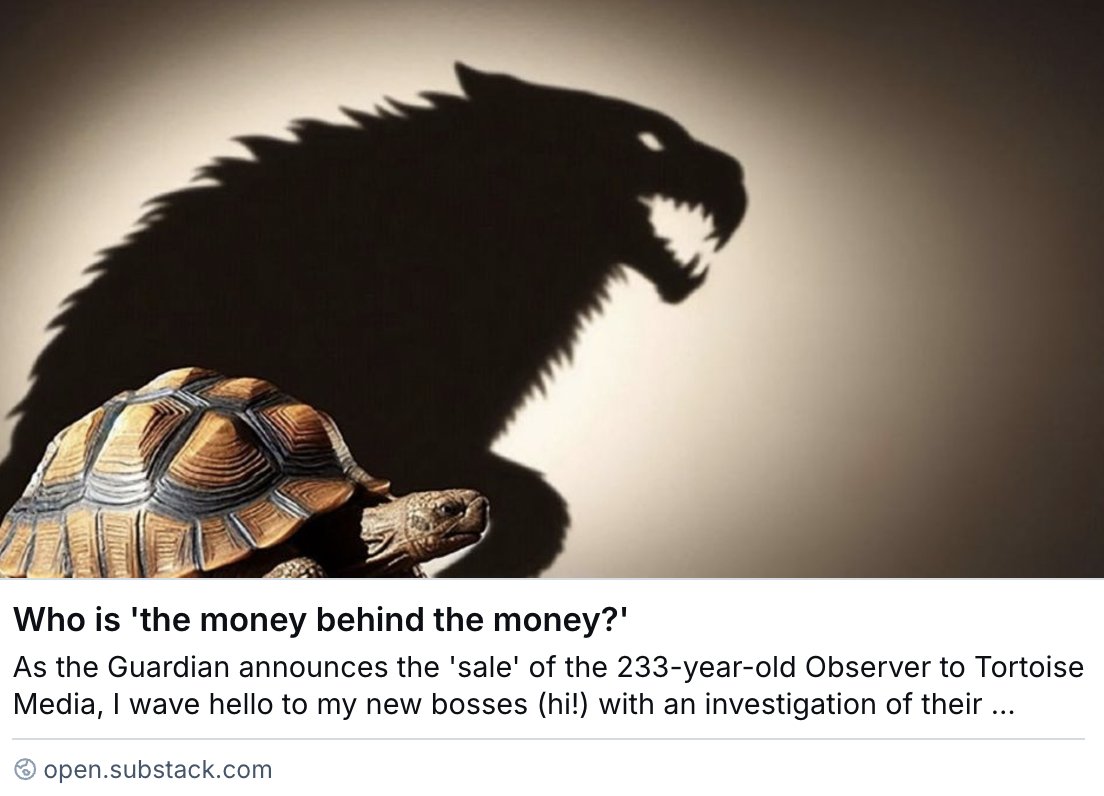 The Guardian is pushing ahead with its 'sale' of the Observer.  But the journalism continues... If you value the Guardian or Observer, I urge you to read this. 
It's my attempt to investigate 'the money behind the money'. 
Who is 'buying' us? And why?
open.substack.com/pub/broligarch…