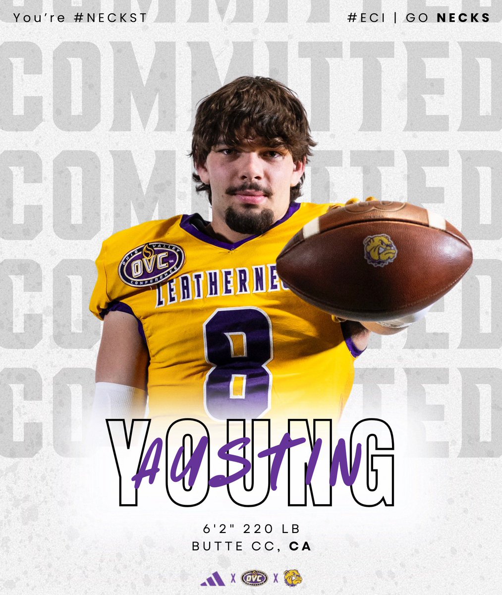 Austin Young 6’2” 230lb (@youngfootball52) on Twitter photo Onto my next chapter in life, I couldn’t thank <a href="/KreczmerWIU/">Brandon Kreczmer</a> enough for giving me this opportunity. I would like to thank all of Butte football’s coaching staff and my fellow players for a great two year in Chico! Leaving the black and gold and entering purple and gold! #GoNecks Onto my next chapter in life, I couldn’t thank <a href="/KreczmerWIU/">Brandon Kreczmer</a> enough for giving me this opportunity. I would like to thank all of Butte football’s coaching staff and my fellow players for a great two year in Chico! Leaving the black and gold and entering purple and gold! #GoNecks