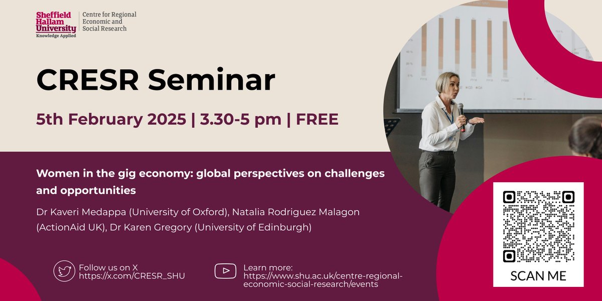Join us in person or online for the first CRESR Seminar of the 2024/25 series on 5th February 2025 where our speakers will be discussing women in the gig economy. More details bit.ly/3VLmmb4