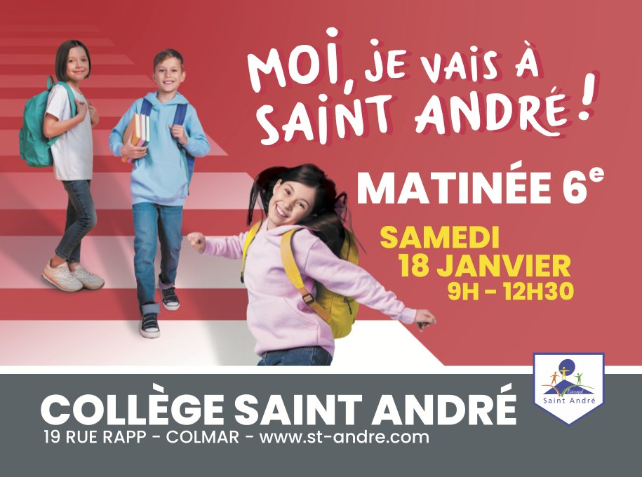 clgsaintandre's tweet photo. 👪 Parent d'un enfant en classe de CM2 ?

Moi, je vais à Saint André ! 🌟

Matinée de découverte 🔍 des classes de 6ᵉ

📅 Samedi 18 janvier 9h - 12h30

https://t.co/3dr3WV65EJ https://t.co/EiWLYht6k0