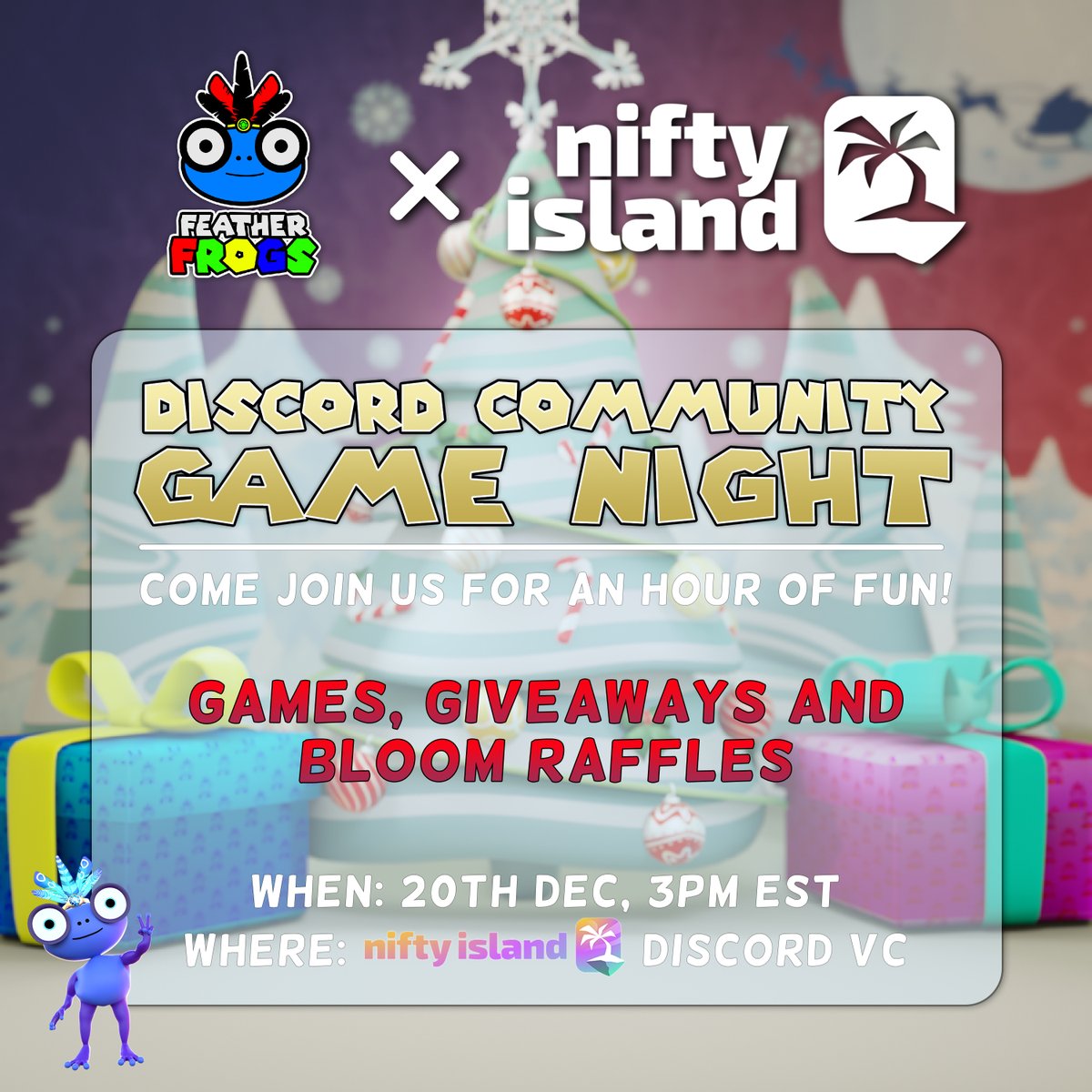 Fᴇᴀᴛʜᴇʀ Fʀᴏɢs (@featherfrogs) on Twitter photo Join us this Friday for some fun <a href="/Nifty_Island/">Nifty Island 🏝</a> and let's explore the new 𝐏𝟐𝐄 system together!
🏝️You play, you earn $ISLAND !
🕡 When: 20th Dec, 3 PM EST
📌 Where: Nifty Island Discord VC
🎁We'll be raffling off exciting froggy prizes, blooms and more... Join us this Friday for some fun <a href="/Nifty_Island/">Nifty Island 🏝</a> and let's explore the new 𝐏𝟐𝐄 system together!
🏝️You play, you earn $ISLAND !
🕡 When: 20th Dec, 3 PM EST
📌 Where: Nifty Island Discord VC
🎁We'll be raffling off exciting froggy prizes, blooms and more...