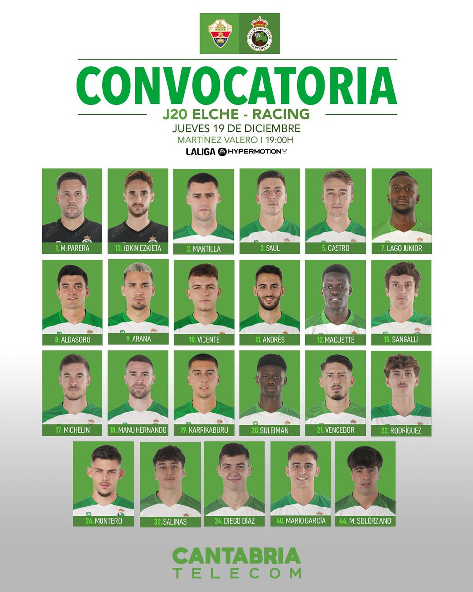 📋 Convocatoria del <a href="/realracingclub/">Real Racing Club</a> para el partido de mañana (19:00 horas) ante el <a href="/elchecf/">Elche Club de Fútbol</a> #ElcheRacing  #LaLigaHypermotion