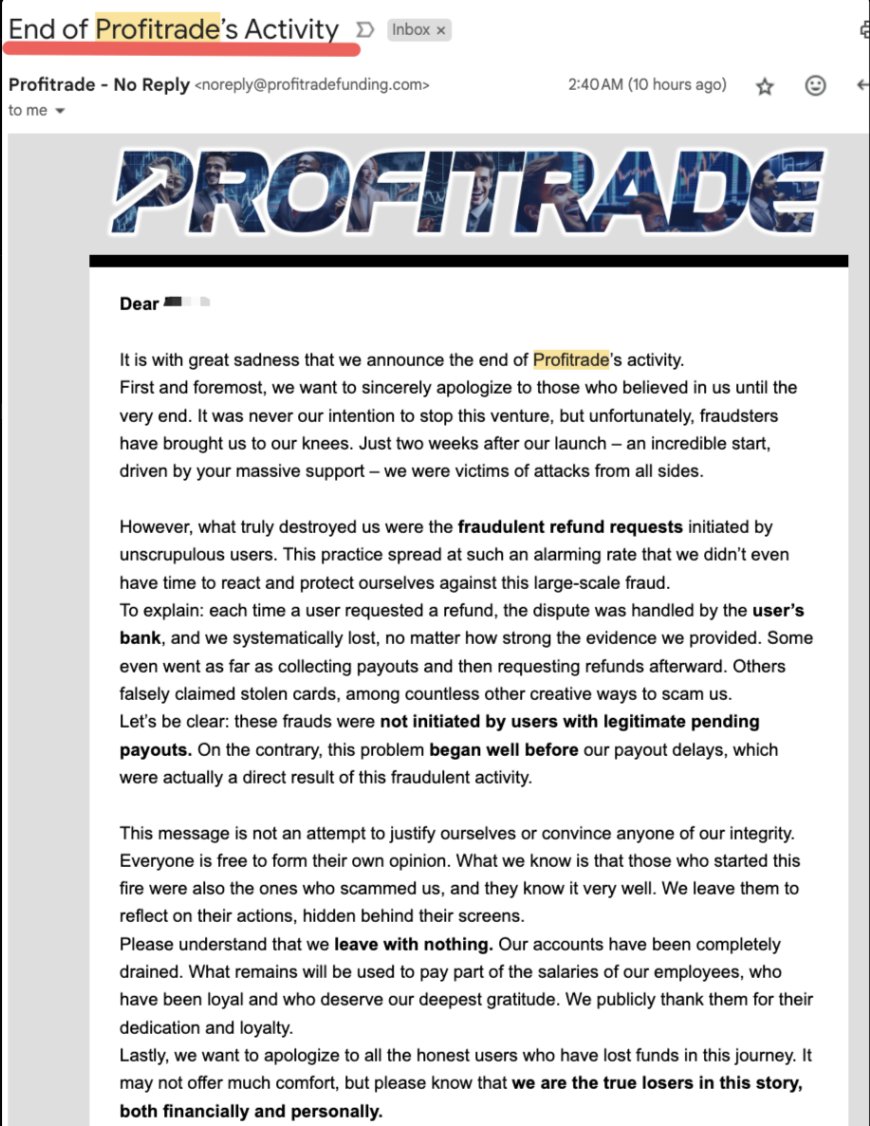 zerodayjay's tweet image. Another new prop firm already out of business. This one didnt even last 3 months! How many people got fucked out of payouts this time and will they refund anyone? #rugpull #profitrade #fasttracktrading #propfirmtrader