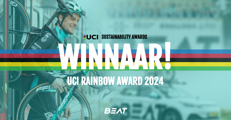 BEAT Cycling wint de UCI RAINBOW AWARD! 🏆🌈

Een prijs voor duurzaamheid en inspiratie in de wielersport: van treinkamp naar Girona tot een missie die iedereen begrijpt. 🚆📄

Bedankt aan iedereen die ons support. Samen maken we de sport groener. 💚

#BEATcyclingclub #UCIawards