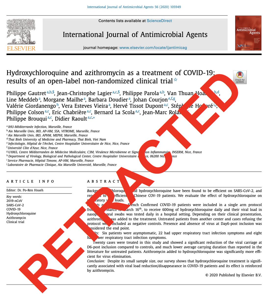 Vadeboncoeur_Al's tweet photo. L'article qui a littéralement lancé le grand bal mondial de l'hydroxychloroquine contre la COVID est finalement... retracté! Pour qui se pose la question: il ne fait plus partie des faits à considérer. 👇 https://t.co/NKSG05ADaA