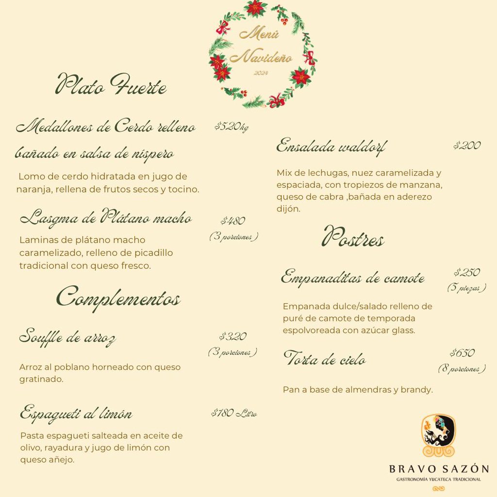 BravoSazon's tweet photo. 🎄¡Celebra esta Navidad con los sabores de Bravo Sazón!

📲Escríbenos por mensaje directo en Instagram o envíanos un WhatsApp al 999 142 7809 para apartar los tuyos.

#navidad #bravosazon #cenanavideña #cdmx #banquete https://t.co/S8OVNcSyki