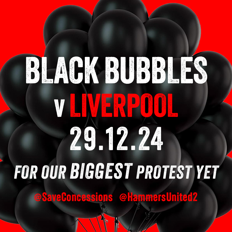 IMPORTANT: The televised home game v Liverpool will be our biggest black bubble protest yet.

But we really need YOUR help. We need every single supporter to bring black balloons to this game.

We'll create a 'black sea' to let <a href="/WestHam/">West Ham United</a> <a href="/karren_brady/">Baroness Karren Brady CBE</a> <a href="/WestHamHelp/">Supporter Services</a> know that we