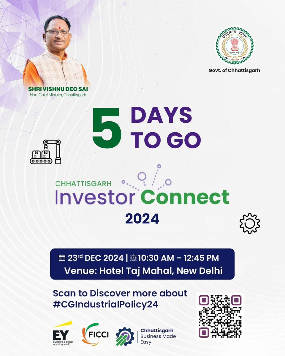 LakhanLalDewan1's tweet photo. The Countdown Begins! Just 5 Days to Go! 

Get ready to join us at the Chhattisgarh Investor Connect 2024 and unlock limitless possibilities for growth and investment.

📅 Date: 23rd December 2024
📍 Venue: Hotel Taj Mahal, New Delhi
🕒 Time: 10:30 AM – 12:45 PM
#InvestCG https://t.co/MNq06lmRxw