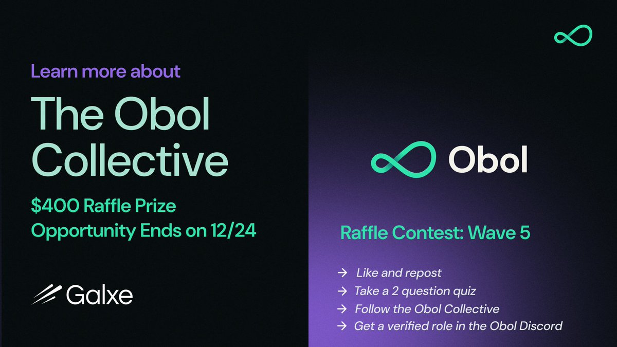 Obol Collective (@obol_collective) on Twitter photo 📚 Win a $400 raffle prize by learning about the <a href="/Obol_Collective/">Obol Collective</a> and Obol Contributions!
1️⃣ Follow <a href="/Obol_Collective/">Obol Collective</a> & @SquadStaking.
2️⃣ Like & repost this post.
3️⃣ Enter here 👉 app.galxe.com/quest/ObolNetw…
Deadline is 12/24!
You have 5 days. ⏳⏰ 📚 Win a $400 raffle prize by learning about the <a href="/Obol_Collective/">Obol Collective</a> and Obol Contributions!
1️⃣ Follow <a href="/Obol_Collective/">Obol Collective</a> & @SquadStaking.
2️⃣ Like & repost this post.
3️⃣ Enter here 👉 app.galxe.com/quest/ObolNetw…
Deadline is 12/24!
You have 5 days. ⏳⏰