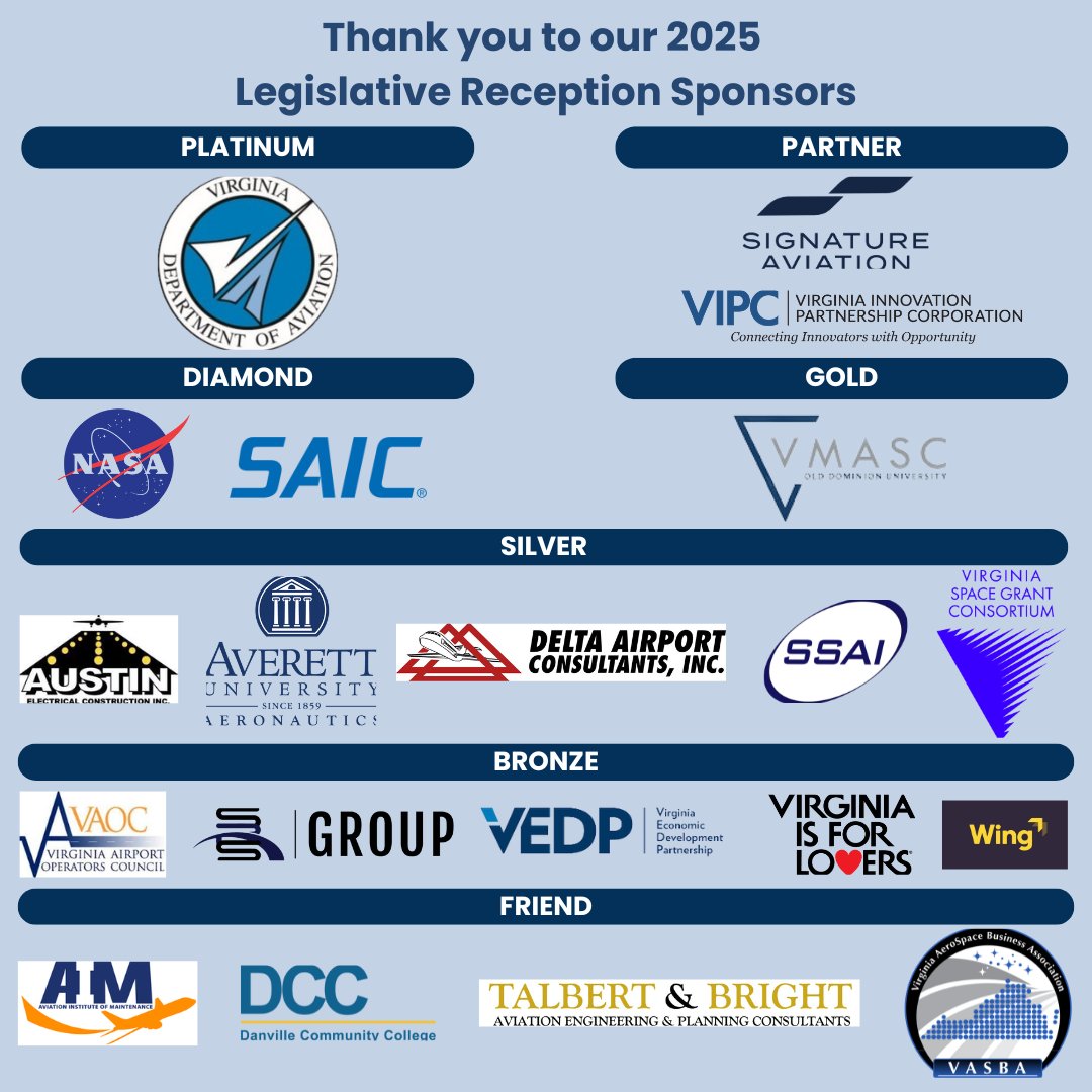 Registration is OPEN for the 2025 VABA Legislative Reception! 🛫🚀 Join us Jan 29 at Main Street Station in Richmond, VA, to celebrate aviation, aerospace, &amp; VA’s space industry. Tickets &amp; sponsorships available now! Thank you to our sponsors! Register: ow.ly/njwg50UtA2b