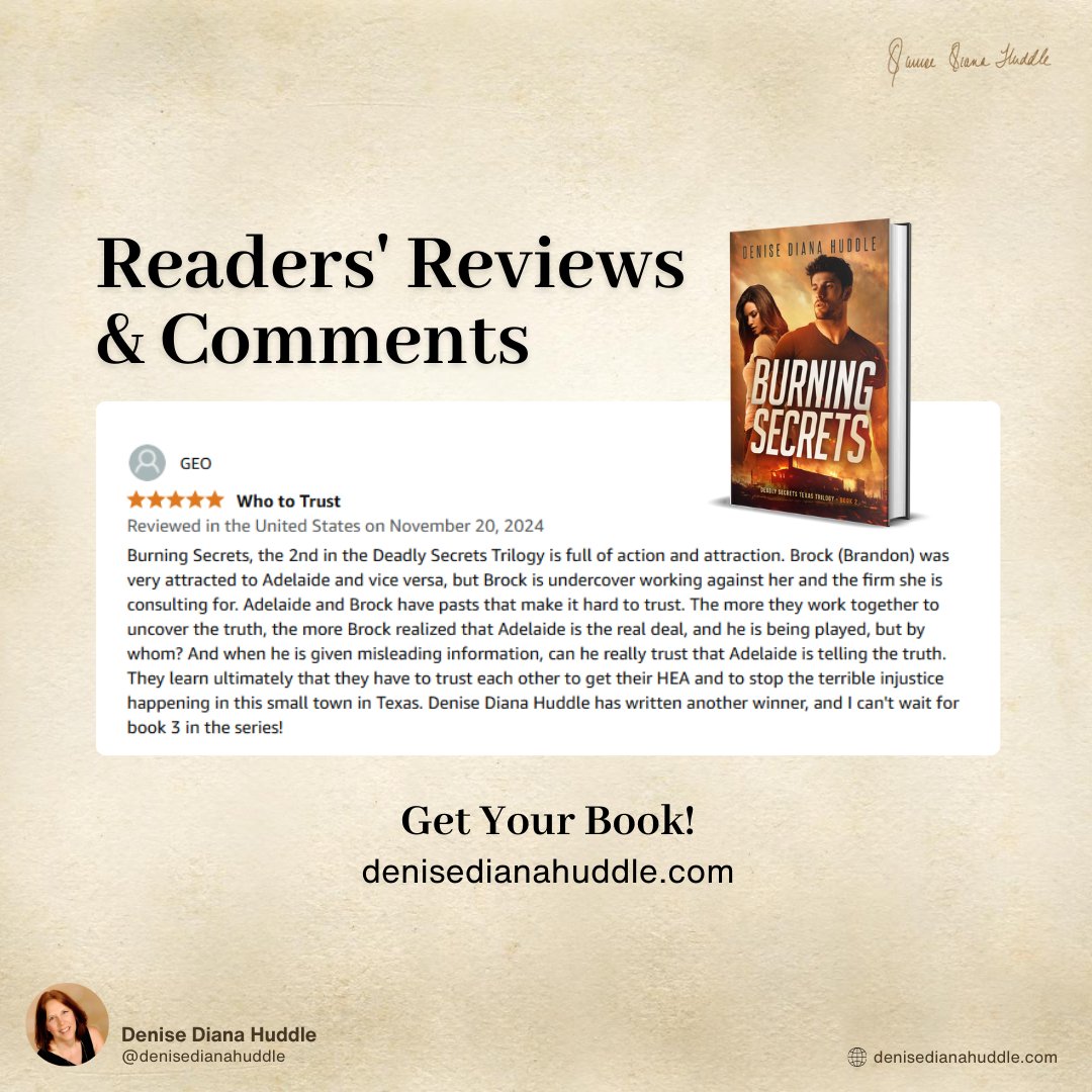 DeniseDHuddle's tweet photo. Your #bookreview makes my day!
Share your thoughts and recommendations with me—I'd love to hear what you're reading.
.
New Release - #BurningSecrets
Book 2 in the Deadly #SecretsTexas Trilogy series
Get Your Book - https://t.co/kptXrHqeus
Available - https://t.co/BBp342OxZT https://t.co/bnuffZIyry