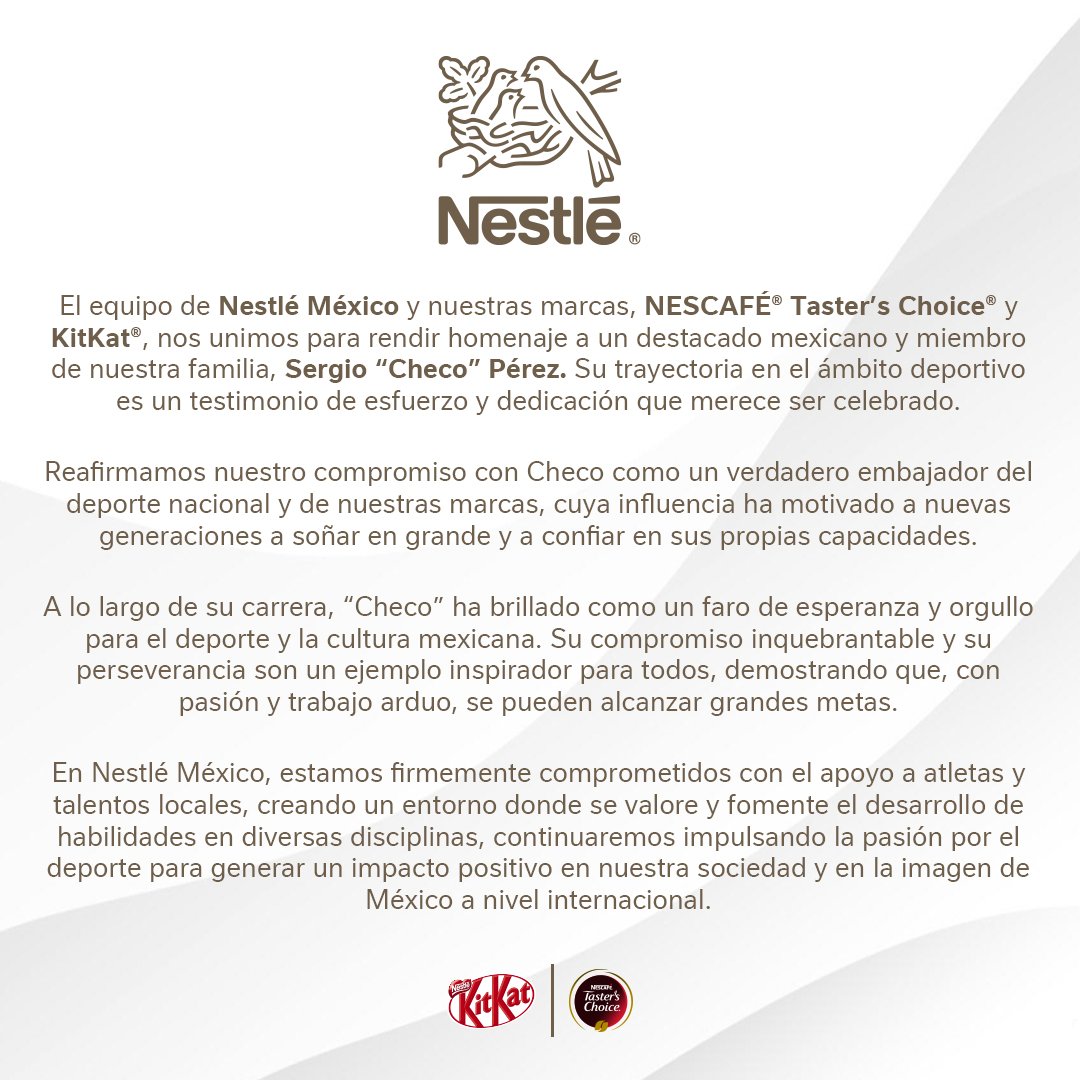 Nestlé México (@nestlemx) on Twitter photo Nestlé México celebra y rinde homenaje a la gran trayectoria de Sergio “Checo” Pérez en el mundo del deporte. 🏁🏎️
Reafirmamos nuestro compromiso y continuaremos impulsando a este gran atleta.
<a href="/NescafeMX/">Nescafé</a> <a href="/KitKatMexico/">Kit Kat México</a> <a href="/SChecoPerez/">Sergio Pérez</a> Nestlé México celebra y rinde homenaje a la gran trayectoria de Sergio “Checo” Pérez en el mundo del deporte. 🏁🏎️
Reafirmamos nuestro compromiso y continuaremos impulsando a este gran atleta.
<a href="/NescafeMX/">Nescafé</a> <a href="/KitKatMexico/">Kit Kat México</a> <a href="/SChecoPerez/">Sergio Pérez</a>