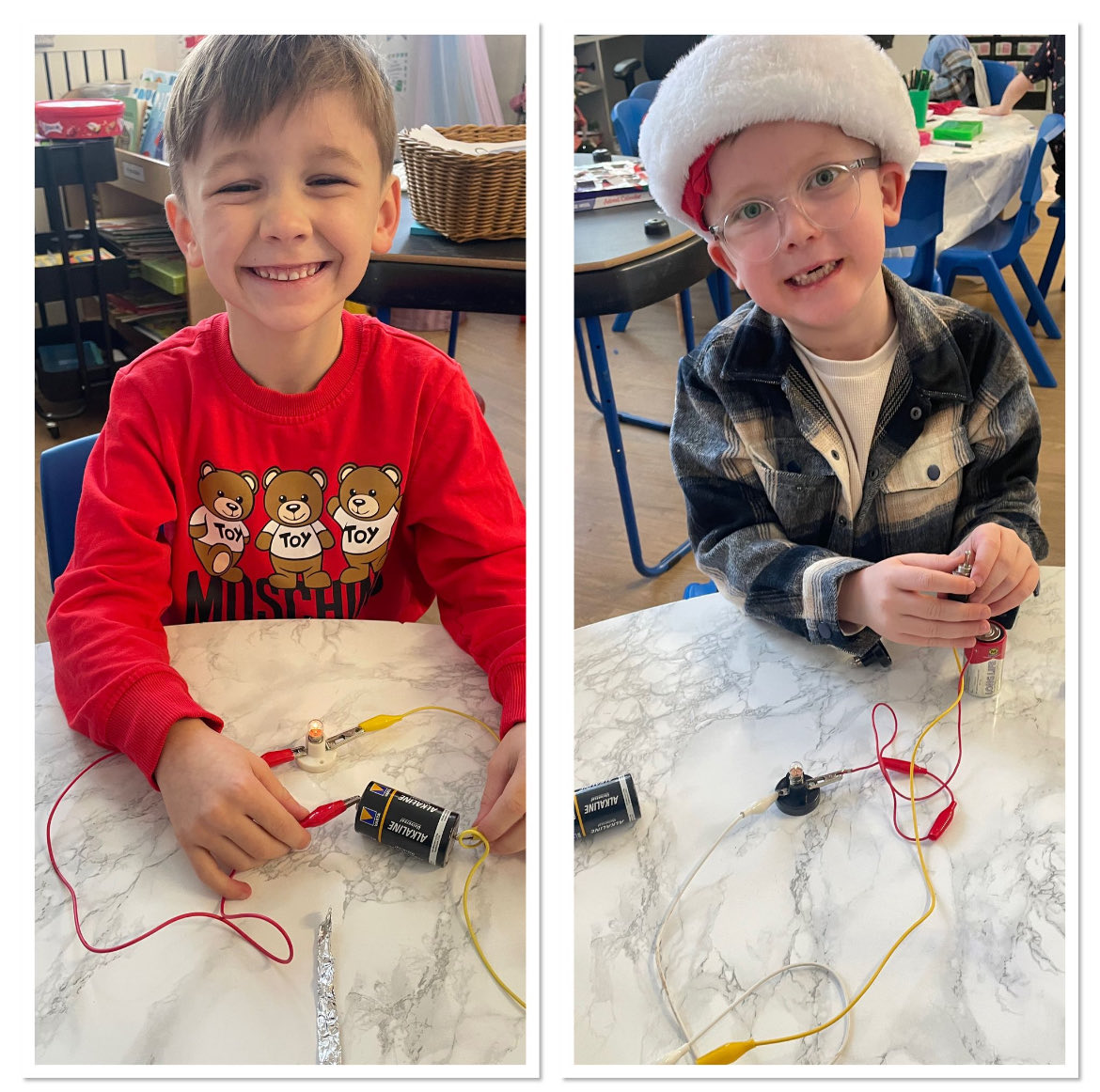 Annbank_PS's tweet image. Primary 2/1 realised that Jingle the elf would not be able to hear if the machines in Santa’s workshop were switched on and thought that a flashing light would help to keep him safe 😍! The children made miniature circuits to show how the batteries powered light ⚡️ #stemrules!