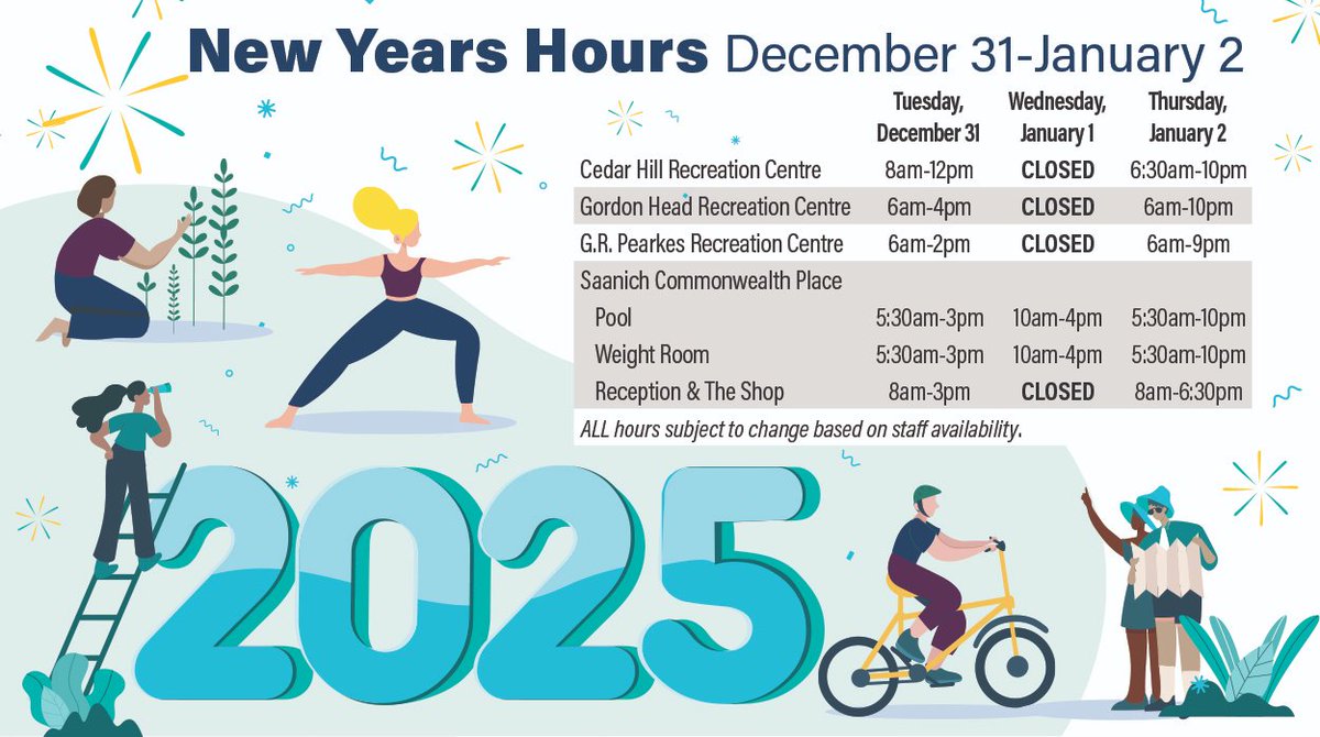 As we welcome the start of a new year, please note these adjusted facility hours at your Saanich recreation centres.
Visit bit.ly/SaanichHours for more information.