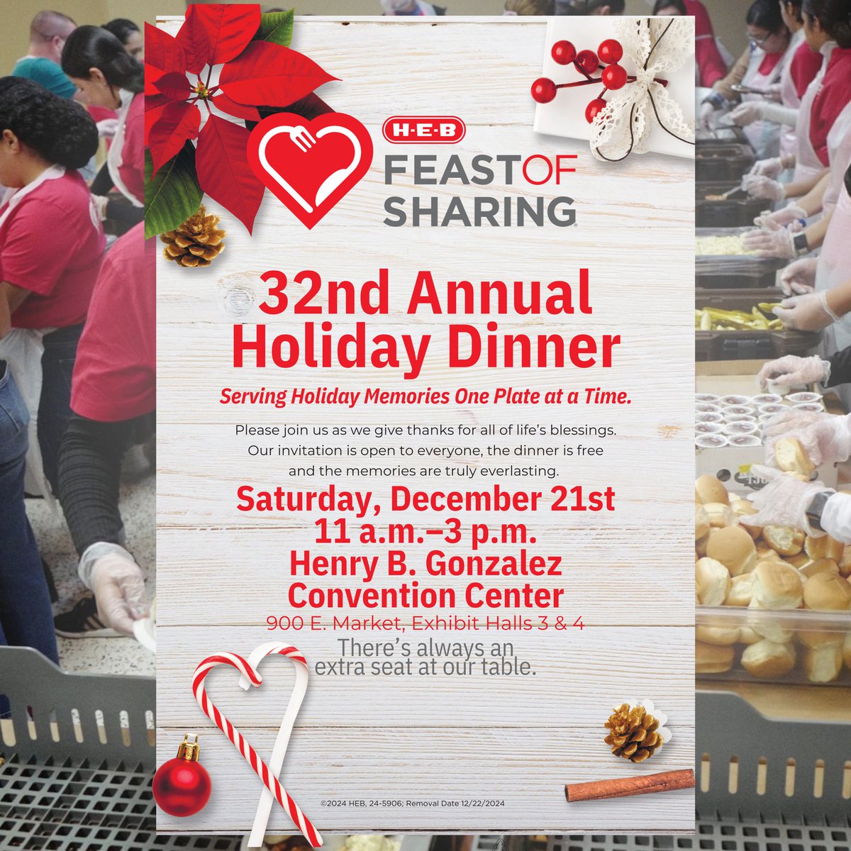 Please join us ✨❤️ H-E-B is having their 32nd Annual Holiday Dinner. Saturday December 21st. Come out and enjoy a warm meal 🍽️