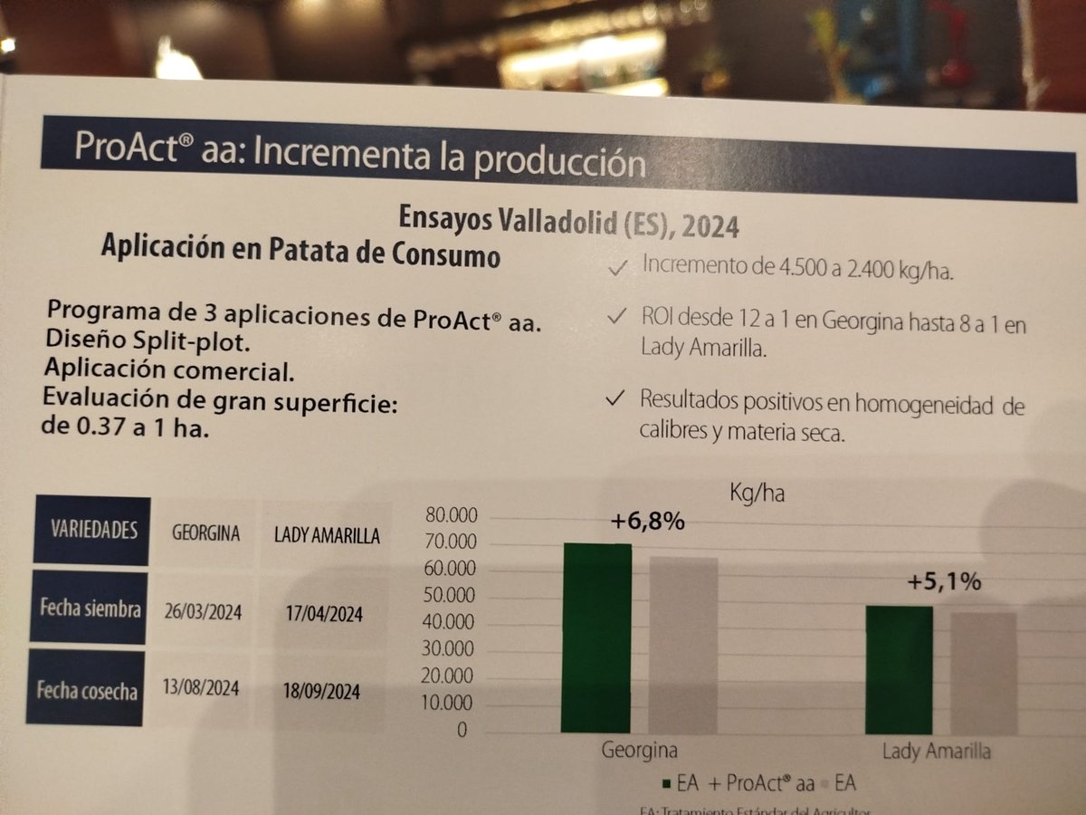 RENTABILIDAD CON ProAct®aa EN PATATA.
Los ensayos realizados con ProAct®aa demuestran que 3 aplicaciones de ProAct®aa, suponen un incremento de producción del 7% y un ROI (rentabilidad de inversión) de 12 a 1 en la variedad Georgina y de 8 a 1 en Lady Amarilla).