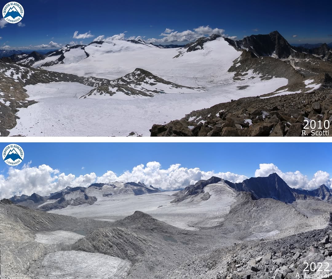 Adamello Glacier
2010 | 2022

The current fate of the largest italian glacier! 😱

It suffered a lot of last extreme years as accumulation basins are not very high (~3000m), making it sensitive to strong ELA rise (📈from &lt;3000 to 3300 today)! 🌡️

📷 Servizio Glaciologico Lombardo