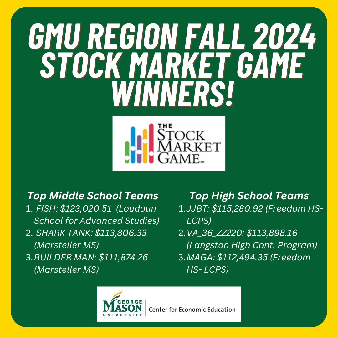 GMU Center for Economic Education (@gmueconed) on Twitter photo Congratulations to the Fall 2024 Stock Market Game Region Winners!
Check out stockmarketgame.org to sign up for the Spring Game, starting February 3rd!
<a href="/PWCSNews/">PWCS</a> <a href="/LangstonHS_APS/">Langston High School</a> <a href="/LCPSOfficial/">LCPS News</a> <a href="/SIFMAFoundation/">Stock Market Game</a> Congratulations to the Fall 2024 Stock Market Game Region Winners!
Check out stockmarketgame.org to sign up for the Spring Game, starting February 3rd!
<a href="/PWCSNews/">PWCS</a> <a href="/LangstonHS_APS/">Langston High School</a> <a href="/LCPSOfficial/">LCPS News</a> <a href="/SIFMAFoundation/">Stock Market Game</a>