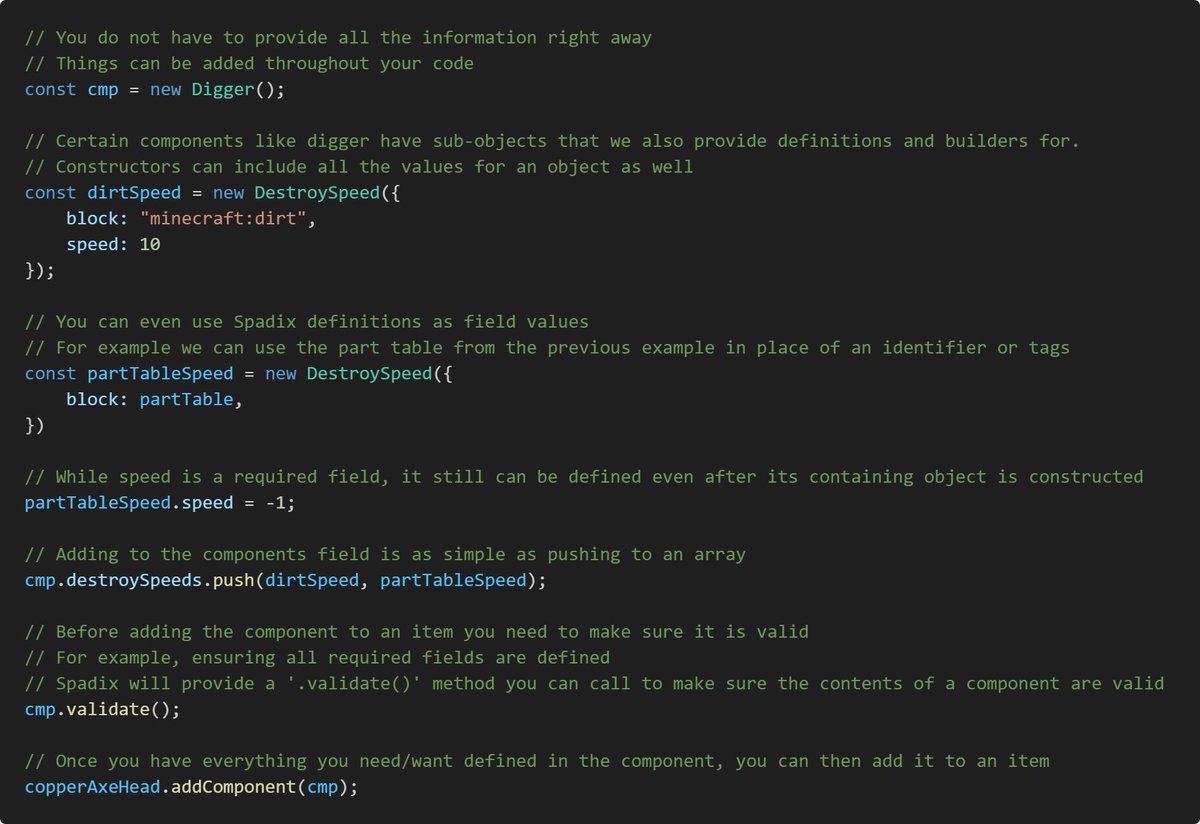 Here’s a look at Spadix’s API for defining components! 
We aim for Spadix’s API to be capable of generating all formats used in Bedrock Add-Ons by offering classes for all add-on definitions.