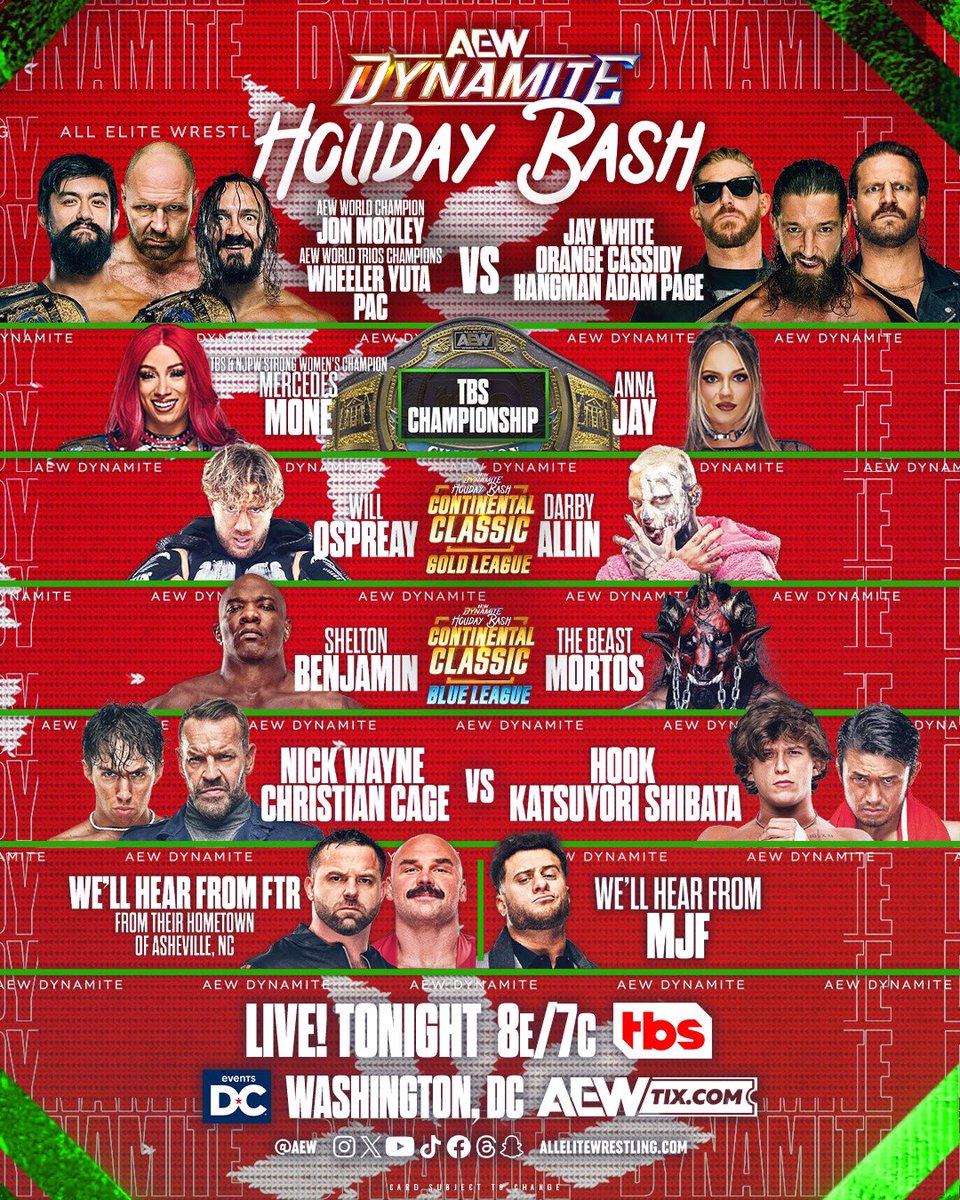 TONIGHT, don’t miss the Holiday Bash on Wednesday Night #AEWDynamite on TBS, hours from right NOW!

Christmas is 1 week away from today, let’s start celebrating TONIGHT!

Tonight will be a great show, the lineup is fantastic!

Don’t miss Wednesday <a href="/AEWonTV/">AEW on TV</a>
8pm ET/7pm CT
TONIGHT!