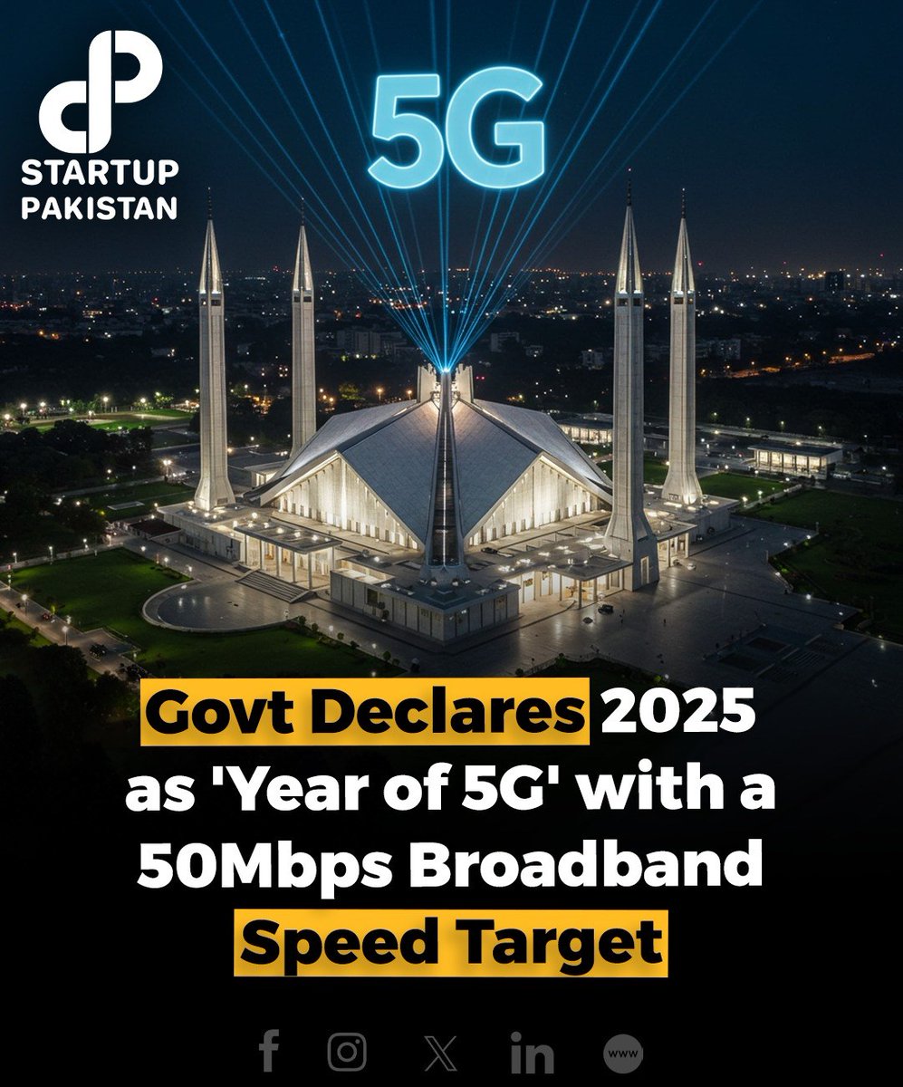 PakStartup's tweet image. The Pakistani government has declared 2025 as the "Year of 5G," with a strategic plan to enhance the country's broadband infrastructure. 
#Pakistan5G #BroadbandDevelopment #TechInfrastructure #5G #DigitalPakistan #FutureOfTech