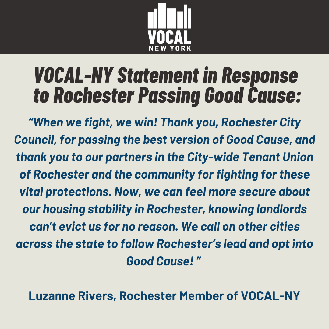 VOCALNewYork's tweet image. VICTORY!

#RochesterNY became the largest city in the state to opt into #GoodCause Eviction, joining Albany, Kingston, Poughkeepsie, Ithaca, Beacon, Newburgh, and more in extending this vital protection to vulnerable renters.

Time for other cities to keep the momentum going!