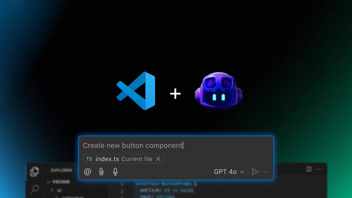 A thumbnail with a blue, black, and green gradient background, with the VS Code and GitHub Copilot logos in the foreground and a graphic of the Copilot Chat window hovering below.