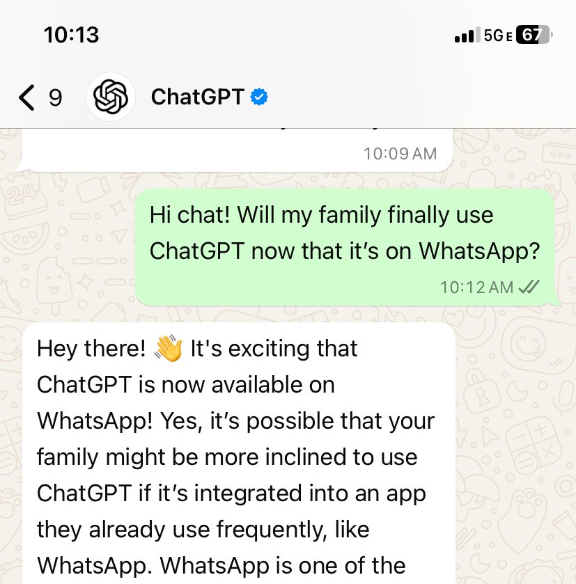 ChatGPT is now free in WhatsApp! I’m super excited about this, big step towards broadly accessible benefits (especially internationally and for folks who primarily use mobile)

 1-800-CHATGPT