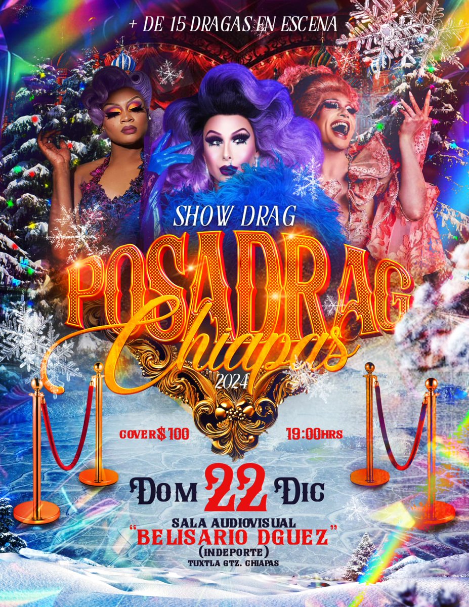 DragmaticaM's tweet photo. Por fin llegó nuevamente el evento más esperado de fin de año, La #PosaDrag 2024!!!
Talento #Draaaaag Chiapaneco!!!
Asiste y diviértete...

Sala Audiovisual Belisario Dominguez
(al interior de las instalaciones del Indeporte)
Cover $ 100.00 mxn,
22 de Diciembre
19:00 Hrs. https://t.co/XWeEno8Dti