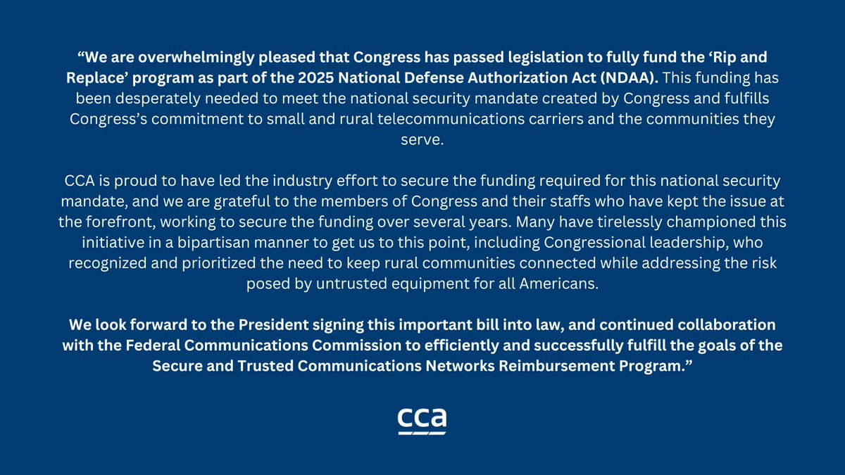 CCAmobile's tweet image. Statement by CCA President &amp;amp; CEO Tim Donovan on Passage of #NDAA with #RipAndReplace Funding:

ccamobile.org/statement-by-c…