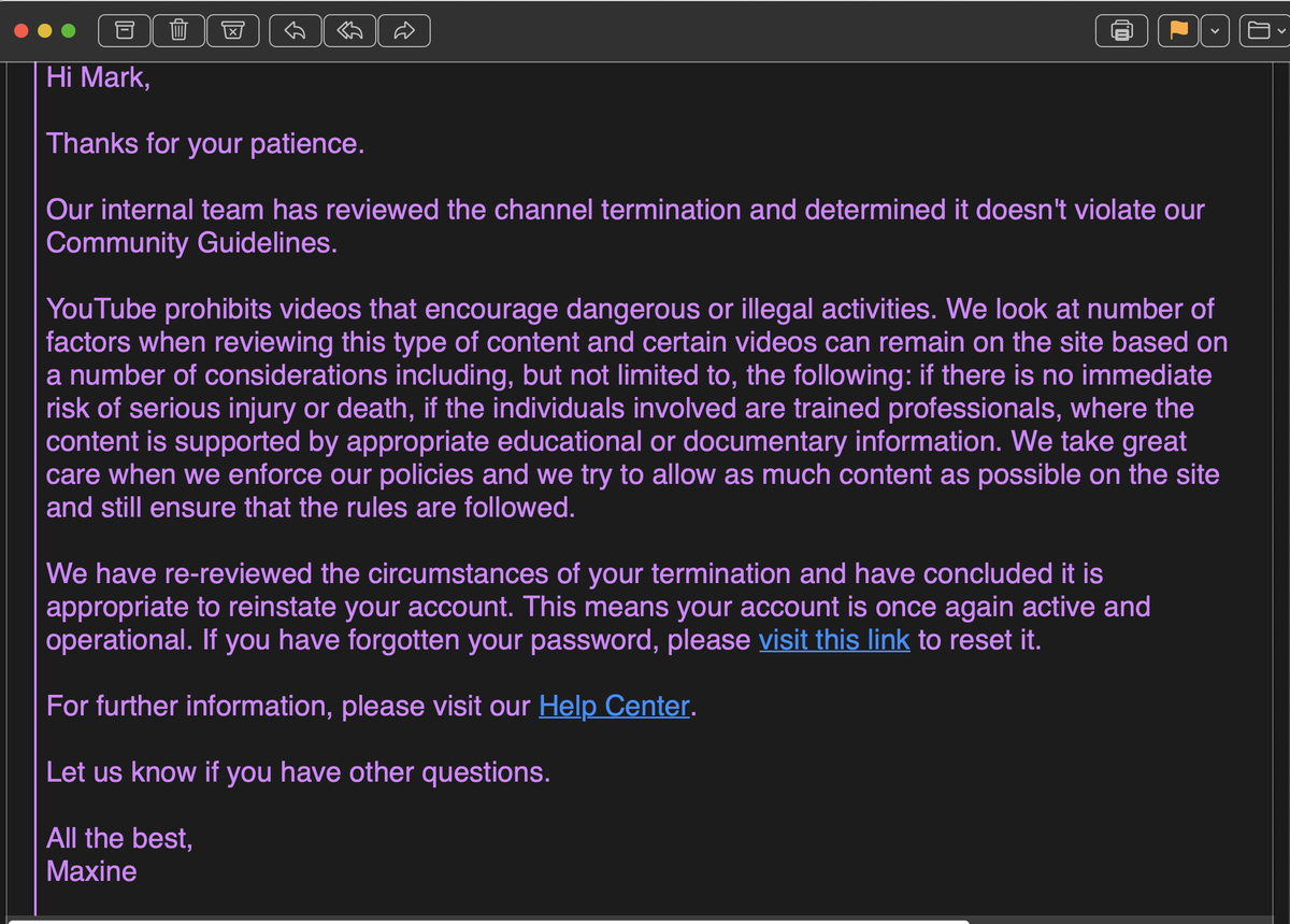 VapnFagan's tweet photo. @TeamYouTube Here is a screenshot of the email I got in November that YouTube made a mistake and reinstated my channel. It took me a week of talking with them just to look into it. https://t.co/Ytiz5SOE7U