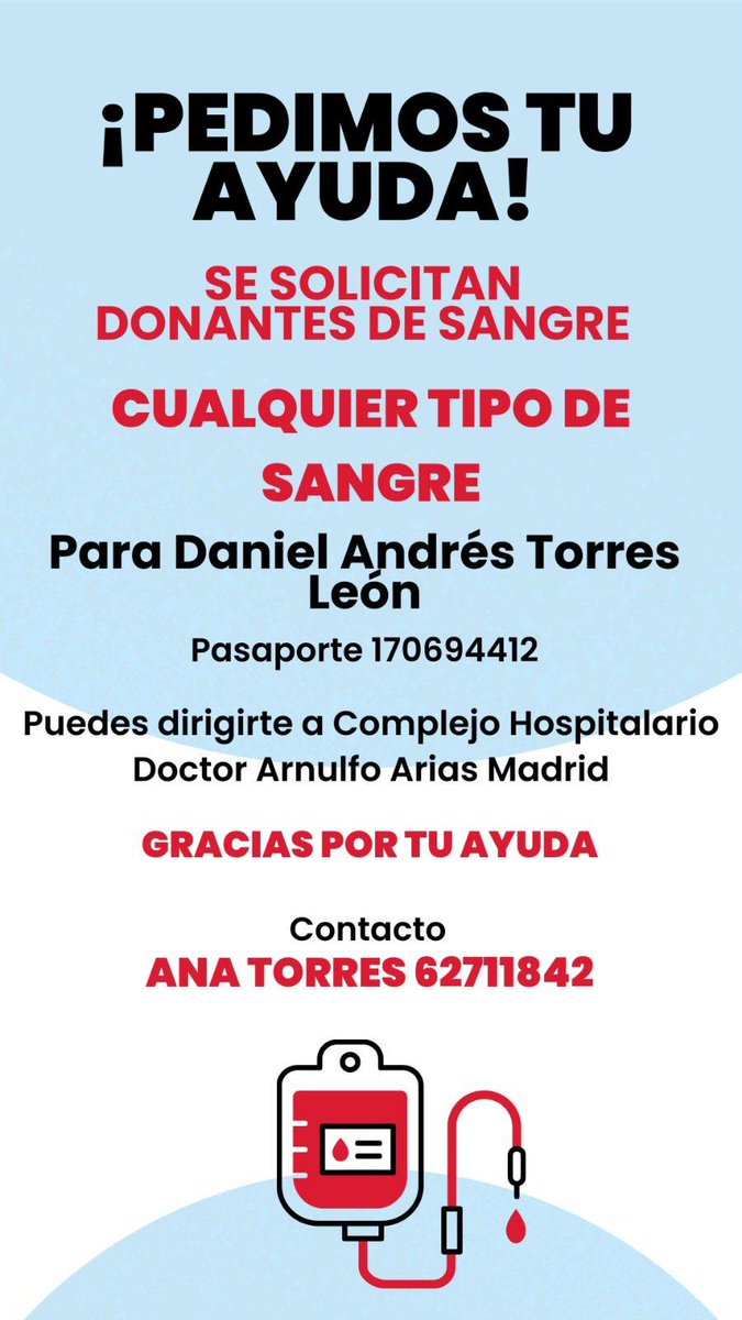 Jacke4532's tweet photo. Misijos Queridos, por favor ayúdenme a difundir, es el hijo de una amiga y vecino que creció con mi chamo.
Se encuentra en Panamá,  y están solicitando donantes de Sangre.
El número telefónico es de su hermana. 
Un Rt. También estaría OK.🙏🫶🏻 gracias. https://t.co/iqf61go9wc