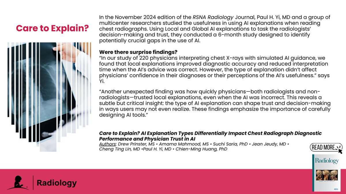 Andrew Smith (@andrewsmith_ai) on Twitter photo In the November 2024 RSNA Radiology Journal, Dr. Paul H. Yi and a team of multicenter researchers explored how AI explanations impact physician decision-making when reading chest X-rays.  
pubs.rsna.org/doi/epdf/10.11… In the November 2024 RSNA Radiology Journal, Dr. Paul H. Yi and a team of multicenter researchers explored how AI explanations impact physician decision-making when reading chest X-rays.  
pubs.rsna.org/doi/epdf/10.11…