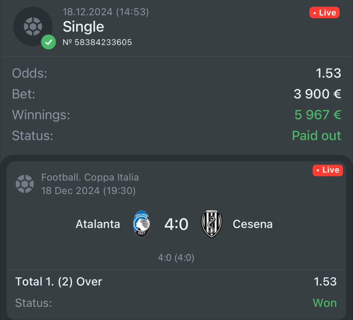 BET OF THE DAY DESTROYED IN 27 MINUTES✅
(SHARE YOUR WINNING TICKET IN COMMENT SECTION FOR TOMORROW BET OF THE DAY)
