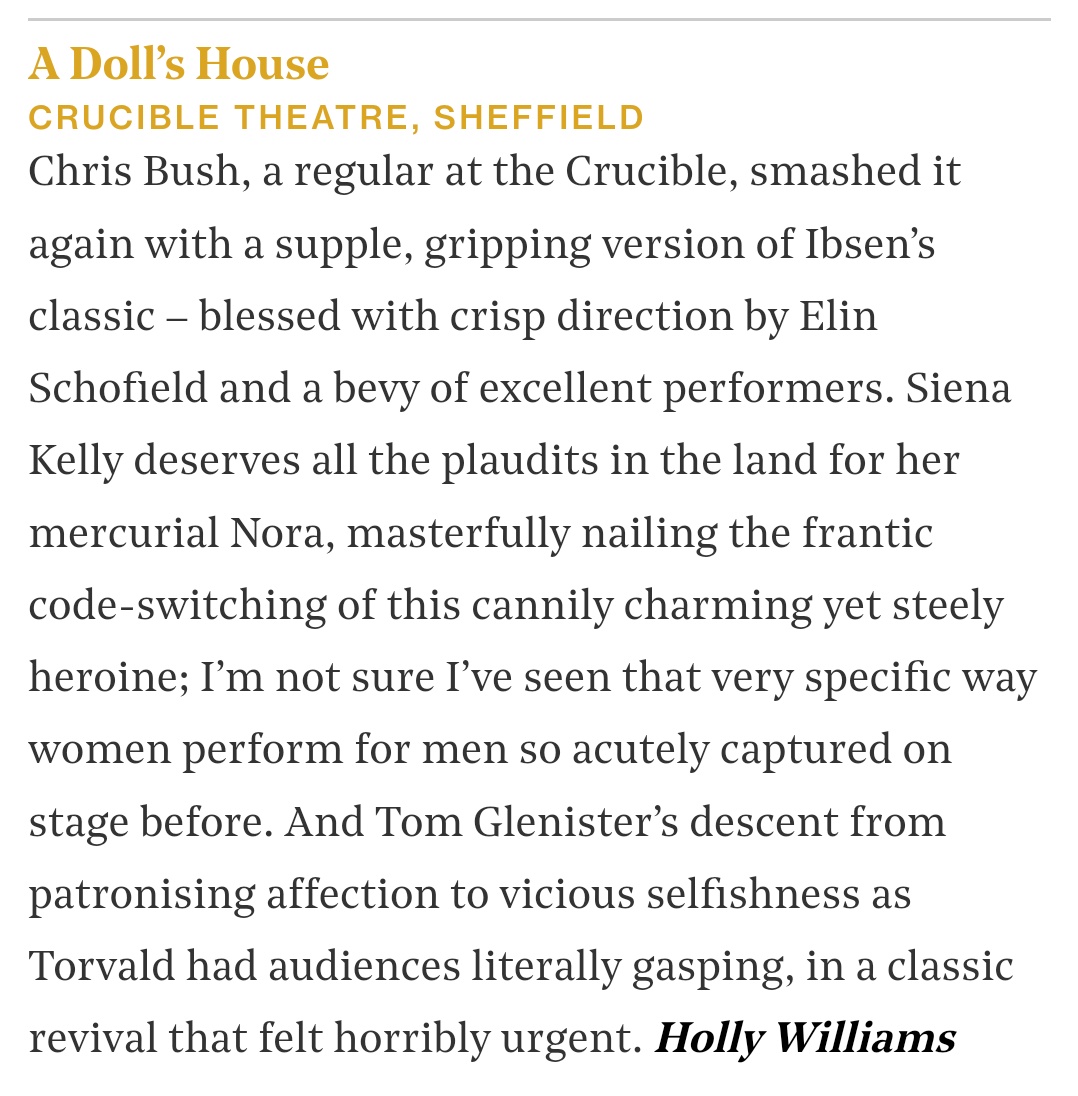 Lovely to see A Doll's House <a href="/crucibletheatre/">Crucible Theatre</a> make the cut of <a href="/TheStage/">The Stage</a>'s top 50 shows of the year!