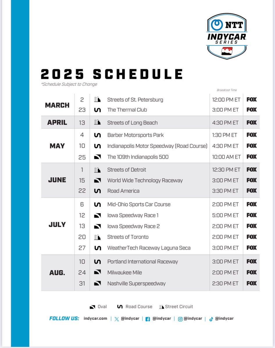 Pak je agenda erbij!

De starttijden van de uitzendingen van #IndyCar op Fox zijn bekend. Let wel: dit gaat over de uitzending, niet de groene vlag.

De meeste races zijn op gunstige tijden voor Nederland. Vroegste is St. Pete, om 18:00 in NL, laatste is Iowa 1, om 23:00u in NL.
