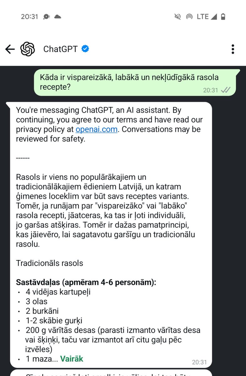 Liva's tweet image. ChatGPT no šodienas nevajag lietotni - darbojas arī vienkārši Whatsapp sarakstē 🔥 Pievieno kontaktiem +1 (800) 242-8478 un gatavs! 

Sistēmas prompti un papildus funkcionalitāte gan te nebūs, bet ikdienas lietošanai - izcili ērti.