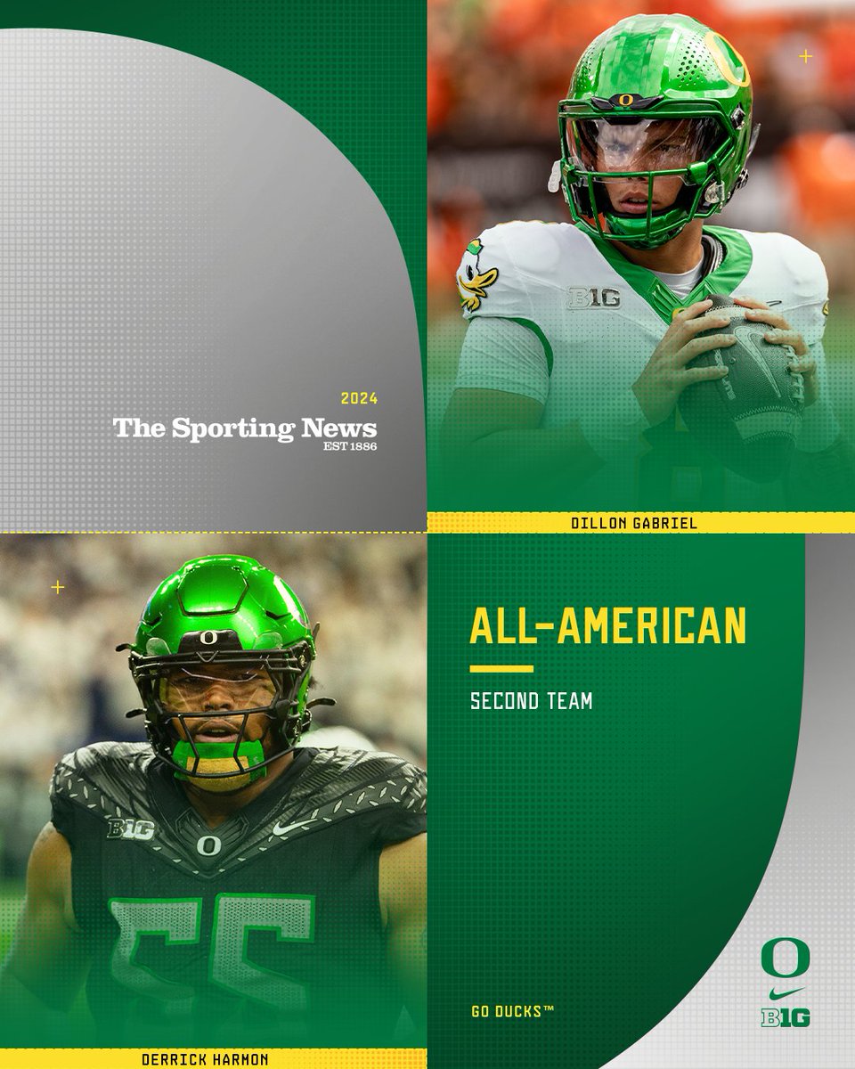 Oregon Football (@oregonfootball) on Twitter photo More love for 8⃣ and 5⃣5⃣
<a href="/_dillongabriel_/">Dillon Gabriel</a> and <a href="/DerrickHarmon20/">Derrick Harmon</a> land on the <a href="/sportingnews/">The Sporting News</a> all-America second team.
#GoDucks More love for 8⃣ and 5⃣5⃣
<a href="/_dillongabriel_/">Dillon Gabriel</a> and <a href="/DerrickHarmon20/">Derrick Harmon</a> land on the <a href="/sportingnews/">The Sporting News</a> all-America second team.
#GoDucks