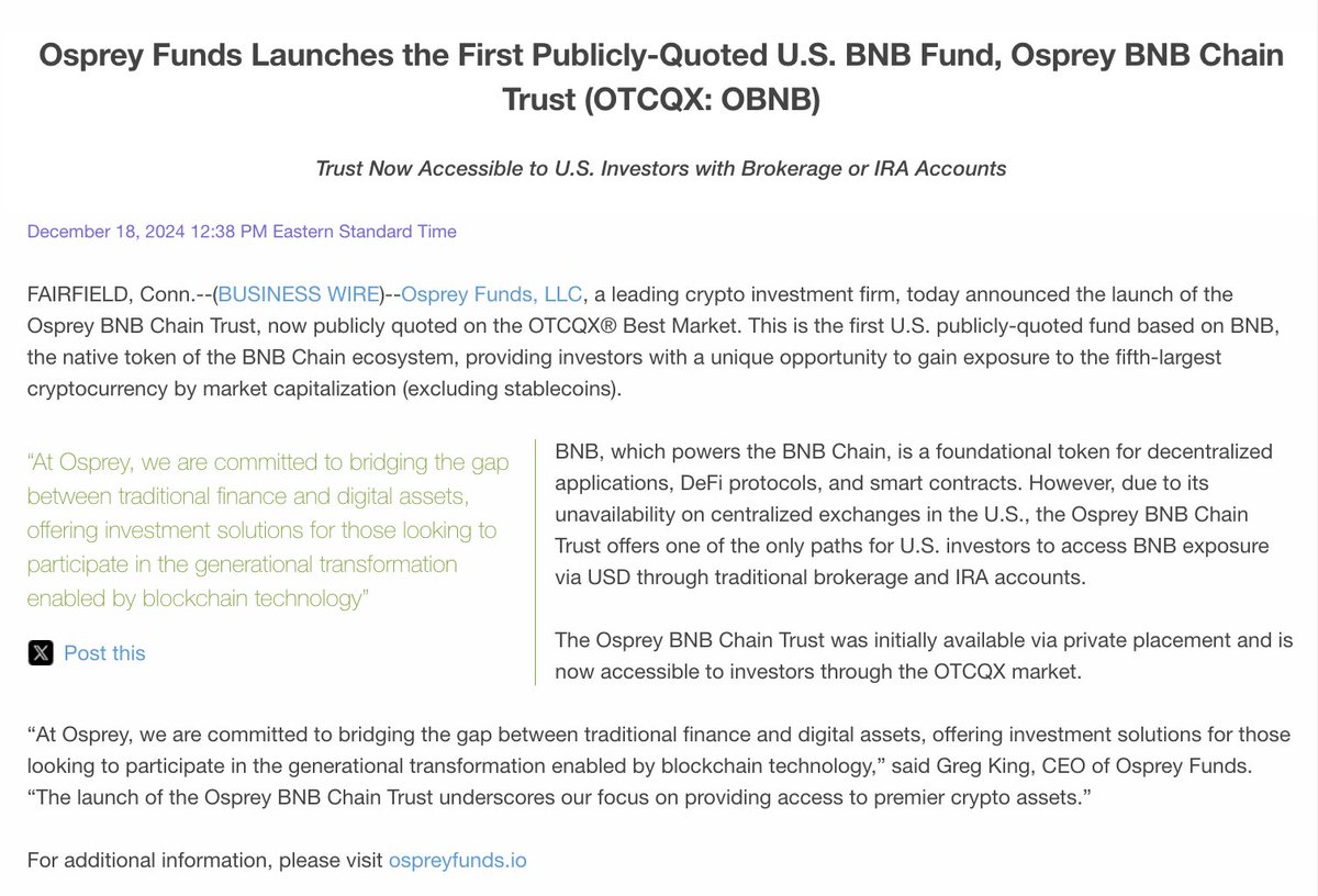 This is the first product that lets people in the US add Binance Coin $BNB  to their IRAs/Roth IRAs My partners over at Osprey just launched the Osprey  BNB Chain Trust which