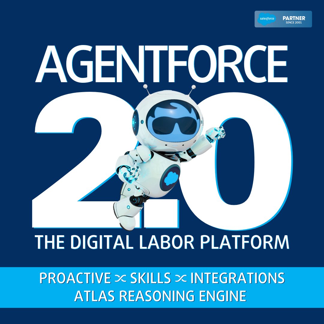 #Agentforce 2.0 is here! What's new?
🤖Proactive Agents
🔗#Slack &amp; Tableau integration
🧠Atlas Reasoning Engine

Faster results. Empowered teams. Smarter decisions.

We make #AI adoption simple &amp; transformational. Ready to get started?🔗bit.ly/4eFbnHR

#SalesforcePartner