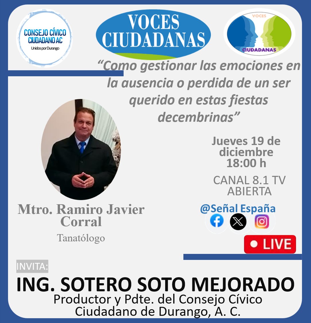 Mañana nos acompaña en el programa de #VocesCiudadanas el Lic. Ramiro Javier Corral Tanatólogo. En punto de las 6 de la tarde por <a href="/SenalEspana/">Señal España</a> <a href="/ismed_ssd/">ISMED</a> <a href="/DIF_Durango/">DIF Estatal Durango</a> <a href="/DIFMunicipalDgo/">DIF Municipal Durango</a> <a href="/INDEHVAL/">Instituto de Desarrollo Humano</a> <a href="/APFDGO/">Asociación de Padres de Familia INTERFAC AC. Dgo.</a>