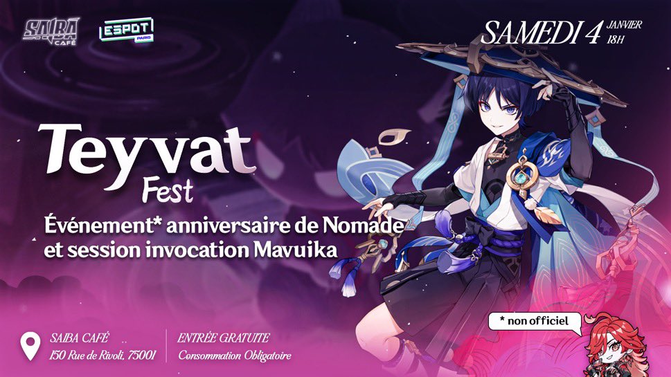 espotparis's tweet photo. [SOIRÉE À THÉME]

✨ Célébrons l'anniversaire de Nomade ensemble ✨

📅 Samedi 4 janvier (18h à 23h)

📜Quiz, goodies, session pull Mavuika, et plein d'autres activités !   

📍Saiba Café, 150 Rue de Rivoli à Paris

🎁 Entrée gratuite, consommation obligatoire (carte à thème) https://t.co/8yHaH0pE0n