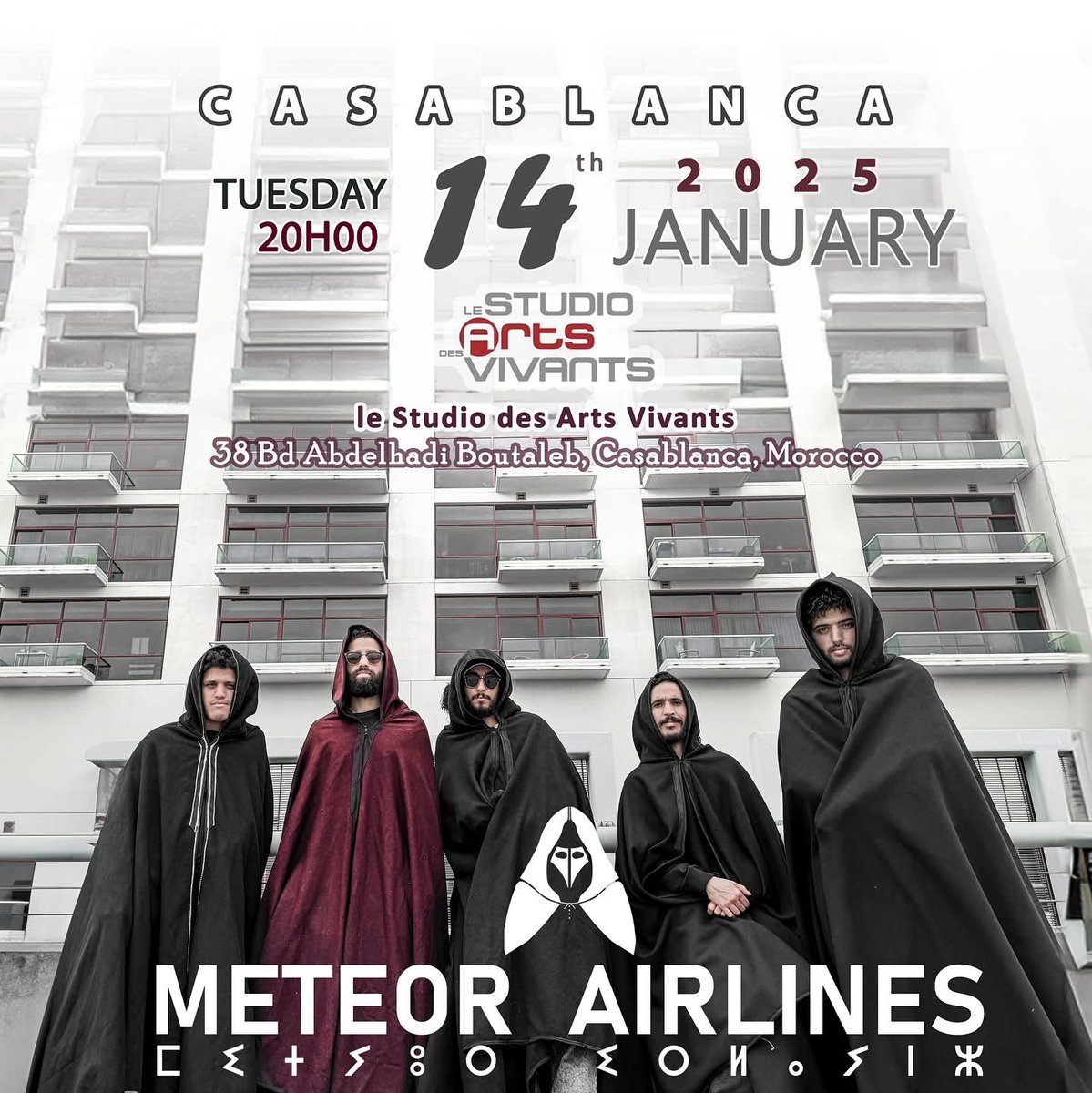 Le 14 janvier 2025, à l’occasion du nouvel an Amazigh 2975, venez célébrer avec Meteor Airlines au Studio des Arts Vivants - Casablanca.

🎫billets👉 : events.ma/concerts-festi…