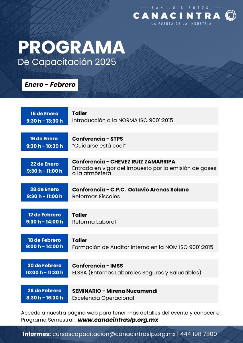 Te invitamos a conocer el 🗓️Primer Bimestre del Programa de Capacitación 2025✅
🌐Para más información de cada evento y programa semestral, visita nuestra página web: wwww.canacintraslp.org.mx
