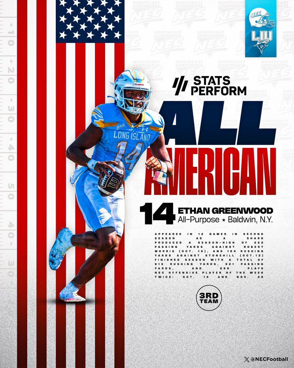 NEC Football (@necfootball) on Twitter photo 𝟮𝟬𝟮𝟰 𝗙𝗖𝗦 𝗔𝗹𝗹-𝗔𝗺𝗲𝗿𝗶𝗰𝗮 🏈🇺🇸
Dynamic <a href="/LIUAthletics/">LIU Athletics</a> quarterback 𝗘𝘁𝗵𝗮𝗻 𝗚𝗿𝗲𝗲𝗻𝘄𝗼𝗼𝗱 was pegged Third Team All-American by <a href="/OptaAnalystFCS/">FCS Football</a>. 🫡
#NECFB x #NECelite x <a href="/LIUSharksFB/">LIU Football</a> 𝟮𝟬𝟮𝟰 𝗙𝗖𝗦 𝗔𝗹𝗹-𝗔𝗺𝗲𝗿𝗶𝗰𝗮 🏈🇺🇸
Dynamic <a href="/LIUAthletics/">LIU Athletics</a> quarterback 𝗘𝘁𝗵𝗮𝗻 𝗚𝗿𝗲𝗲𝗻𝘄𝗼𝗼𝗱 was pegged Third Team All-American by <a href="/OptaAnalystFCS/">FCS Football</a>. 🫡
#NECFB x #NECelite x <a href="/LIUSharksFB/">LIU Football</a>