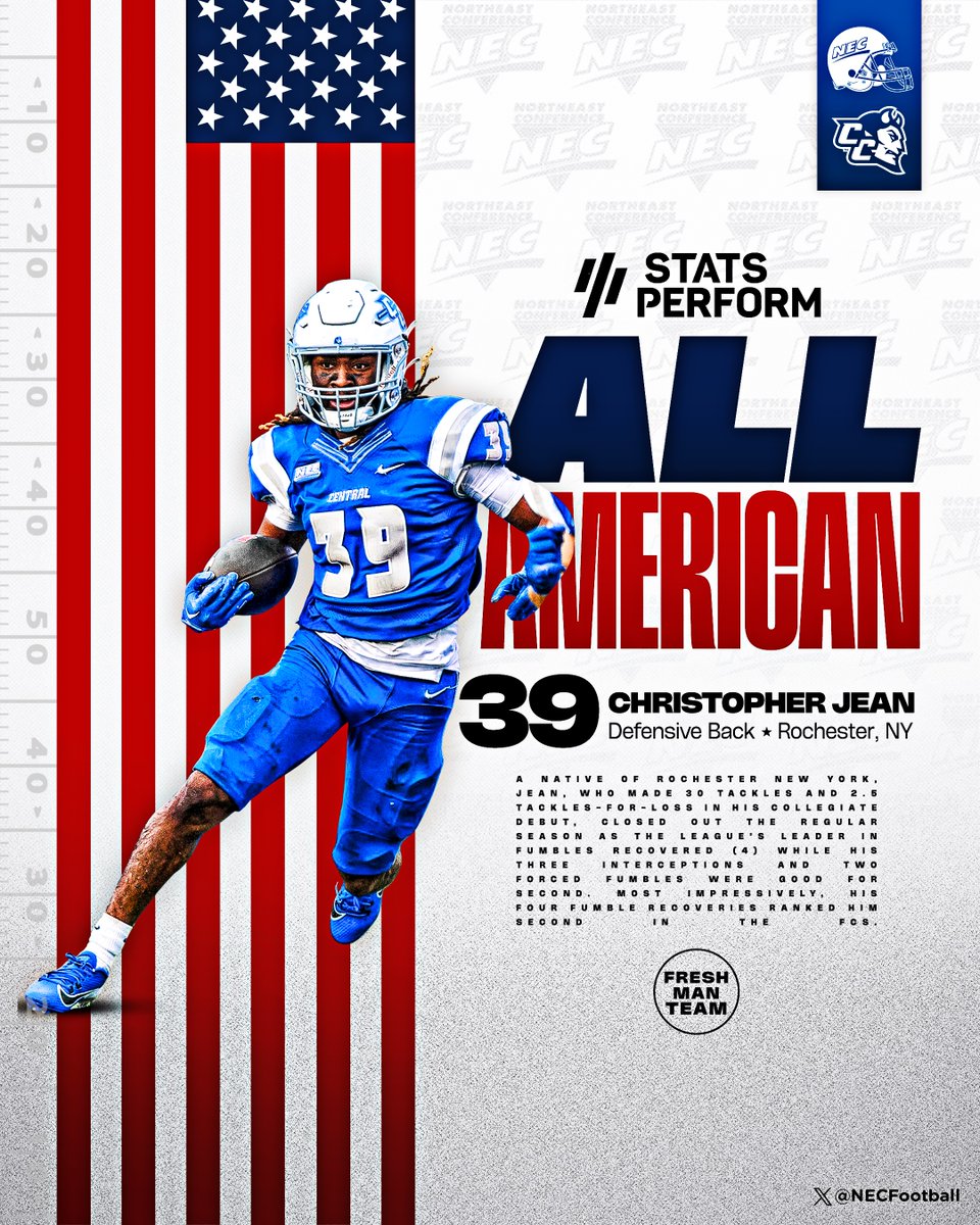 NEC Football (@necfootball) on Twitter photo ๐ฎ๐ฌ๐ฎ๐ฐ ๐๐๐ฆ ๐๐น๐น-๐๐บ๐ฒ๐ฟ๐ถ๐ฐ๐ฎ ๐๐บ๐ธ
<a href="/CCSUBlueDevils/">CCSU Blue Devils</a> defensive back & NEC Defensive Rookie of the Year ๐๐ต๐ฟ๐ถ๐๐๐ผ๐ฝ๐ต๐ฒ๐ฟ ๐๐ฒ๐ฎ๐ป capped off a stellar rookie campaign by earning <a href="/OptaAnalystFCS/">FCS Football</a> Freshman All-American distinction. ๐ซก
#NECFB x #NECelite x <a href="/ccsu_fb/">CCSU Football</a> ๐ฎ๐ฌ๐ฎ๐ฐ ๐๐๐ฆ ๐๐น๐น-๐๐บ๐ฒ๐ฟ๐ถ๐ฐ๐ฎ ๐๐บ๐ธ
<a href="/CCSUBlueDevils/">CCSU Blue Devils</a> defensive back & NEC Defensive Rookie of the Year ๐๐ต๐ฟ๐ถ๐๐๐ผ๐ฝ๐ต๐ฒ๐ฟ ๐๐ฒ๐ฎ๐ป capped off a stellar rookie campaign by earning <a href="/OptaAnalystFCS/">FCS Football</a> Freshman All-American distinction. ๐ซก
#NECFB x #NECelite x <a href="/ccsu_fb/">CCSU Football</a>