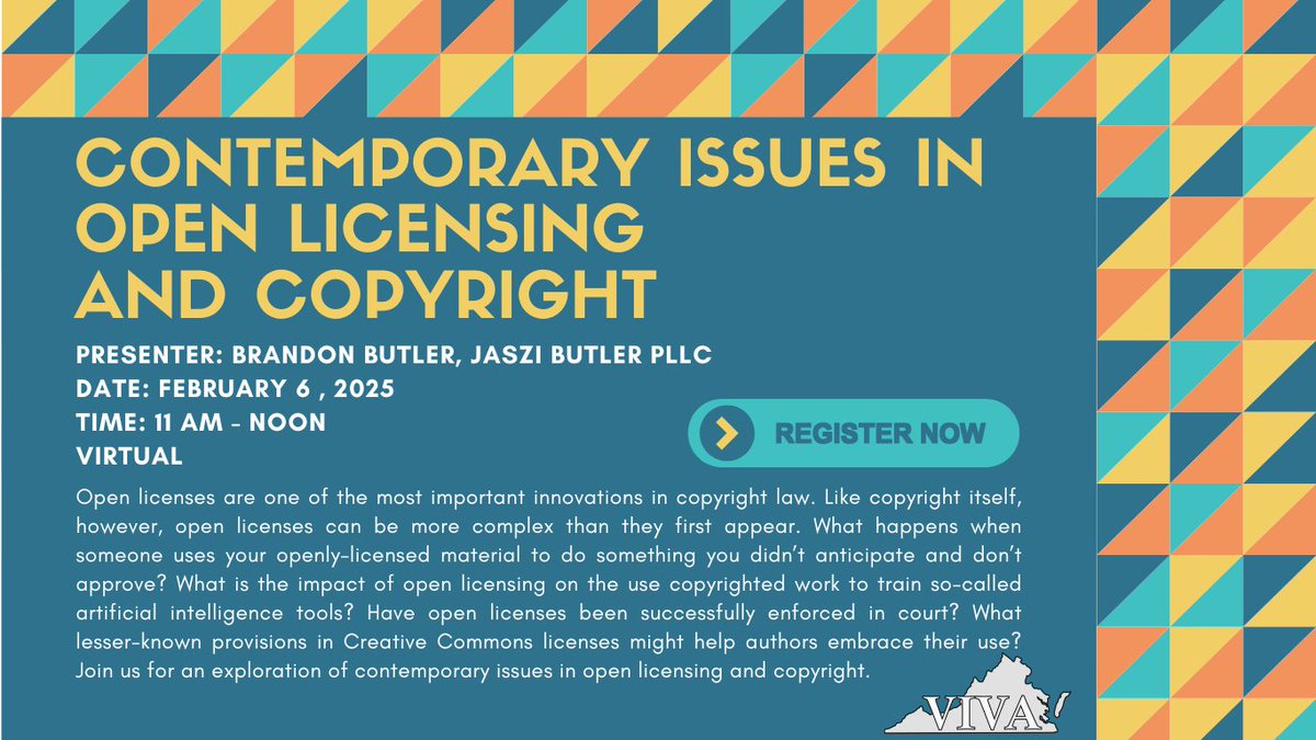 Join us for an insightful session with Brandon Butler (Jaszi Butler PLLC) as we explore today’s critical topics in open licensing and copyright.  

Date: February 6, 2025  
Time: 11AM–12PM EST  
Where: Virtual  
vivalib.org/va/contemporar…

#VIVAlibraries #OpenLicensing #Copyright